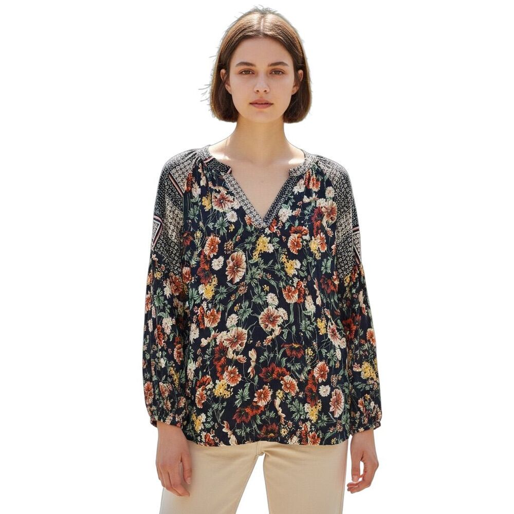 Jodifl Women's Boho Floral Patchwork Blouse Top Size M Multicolor Navy